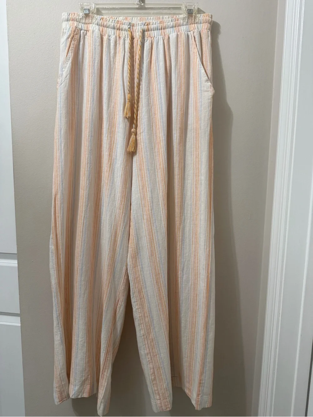 For Cynthia Palazzo Beach Pants Womens Sz L Linen Blend Wide Leg Cream Stripped